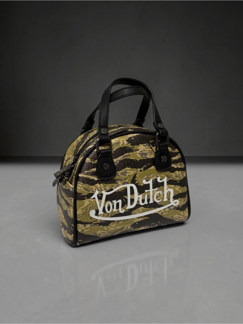 Von Dutch Olive Tiger-Print Satchel with Black Handles